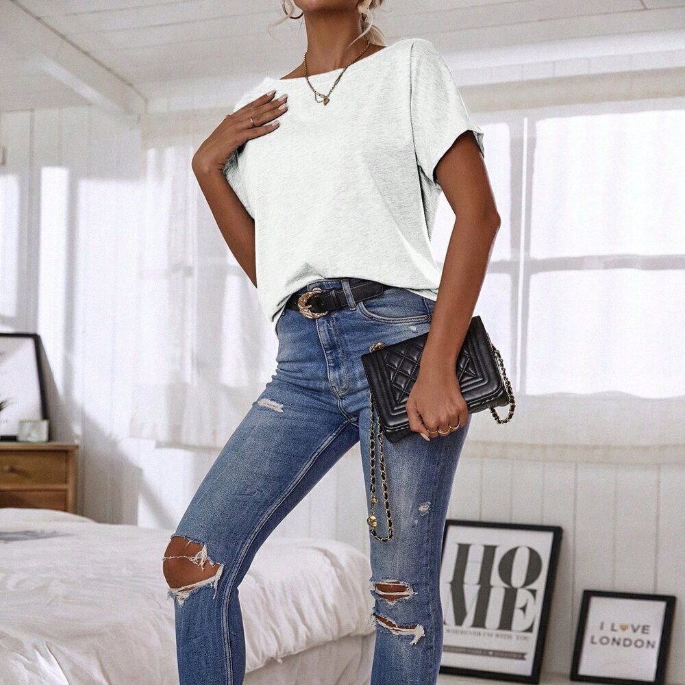 White Casual Women's  Solid Color Asymmetric Neck Batwing Short Sleeve T-Shirt - Picture 6 of 6